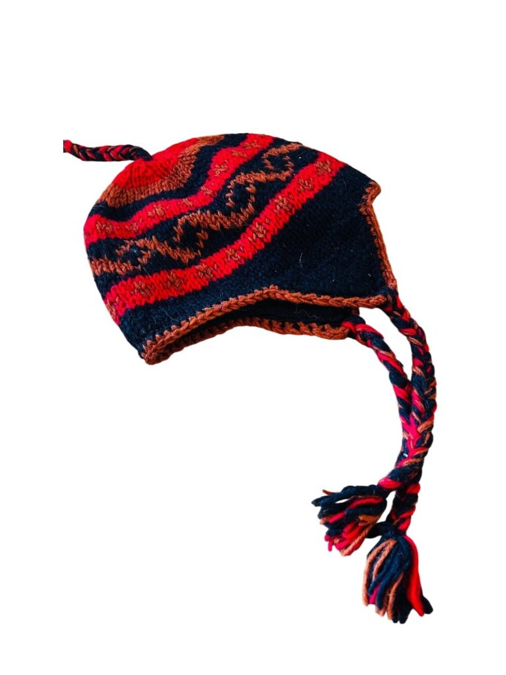 Unisex Vintage Wool ski hat with braided sides, ear flaps, red & black, Peruvian